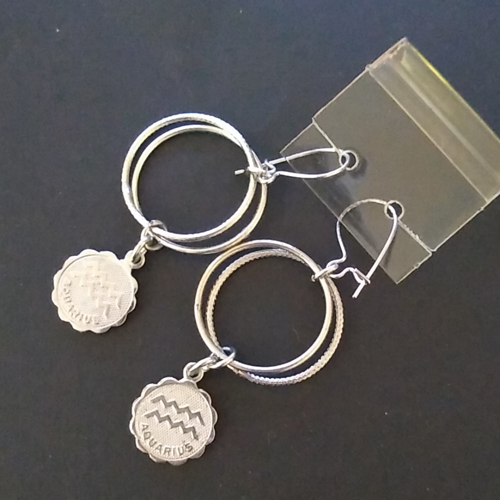 Silver double hoop aquarius dangle earrings
